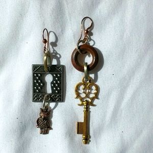 Mismatched wood metal earrings